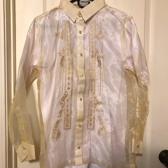 Plus size- Men’s Beige Pina Organza Barong Tagalog Full open with embroidery - Picture 9 of 11